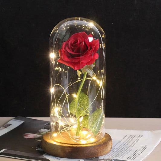 Beauty and the Beast Flower Flask Rose in LED Glass Dome Forever Rose Red Rose Valentine'S Day Mother'S Day Special Romantic Gif